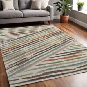 5' X 8' Ivory Brown And Blue Abstract Area Rug