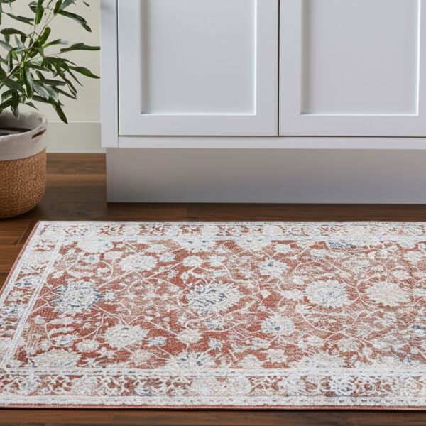 8' Red Ivory And Blue Floral Distressed Runner Rug With Fringe