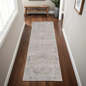 8' Ivory Taupe And Blue Oriental Distressed Runner Rug With Fringe