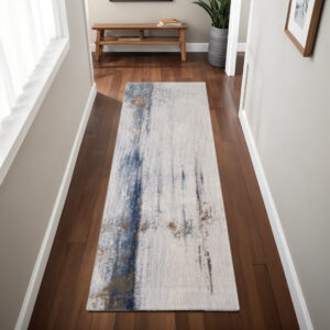 8' Ivory Blue And Brown Abstract Runner Rug