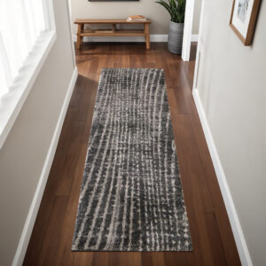 8' Black Gray And Ivory Abstract Runner Rug