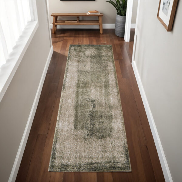 8' Green And Tan Abstract Distressed Runner Rug