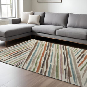 9' X 12' Ivory Brown And Blue Abstract Area Rug