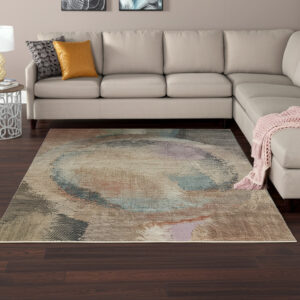 9' X 12' Brown Tan And Blue Abstract Distressed Area Rug