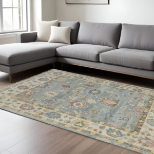 9' X 12' Blue Ivory And Yellow Floral Hand Knotted Area Rug With Fringe