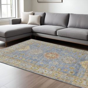9' X 12' Blue Green And Yellow Geometric Hand Knotted Area Rug With Fringe