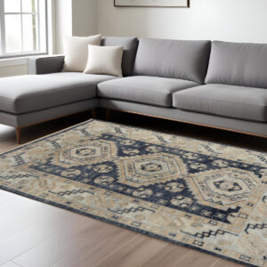 10' X 14' Blue And Ivory Geometric Hand Knotted Area Rug With Fringe