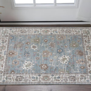 2' X 3' Blue Ivory And Brown Floral Distressed Area Rug