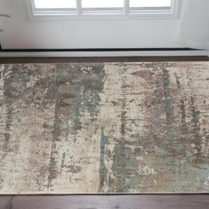 2' X 3' Ivory Blue And Purple Abstract Distressed Area Rug