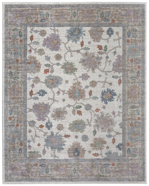 5' X 8' Ivory Brown And Blue Floral Distressed Area Rug