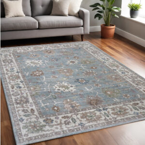 5' X 8' Blue Ivory And Brown Floral Distressed Area Rug