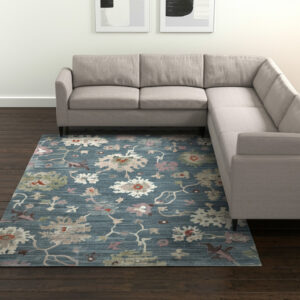 9' X 12' Blue Ivory And Pink Abstract Distressed Area Rug