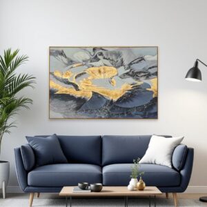 Blue and Gold Modern Abstract Gold Framed Oil Painting Wall Art