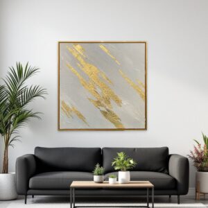 White And Gold Streaks Gold Framed Oil Painting Wall Art