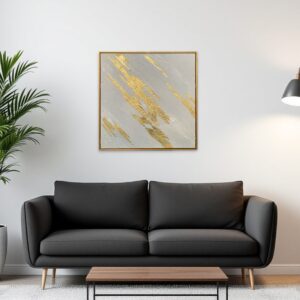 White And Gold Streaks Gold Framed Oil Painting Wall Art
