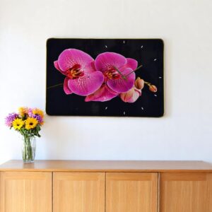 24" Pink Black And Gold Solid Wood and Acrylic Silent Orchids Floral Wall Clock