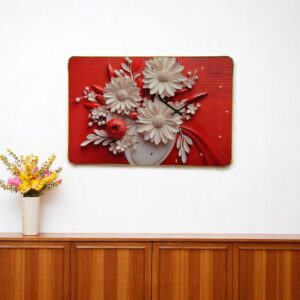 24" White Red And Black Solid Wood and Acrylic Silent Analog Floral Wall Clock