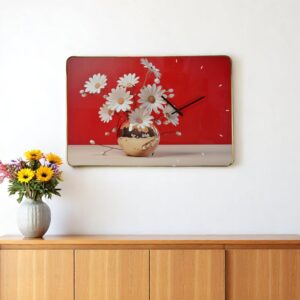 24" Gold Red And White Solid Wood and Acrylic Silent Daisies Floral Wall Clock