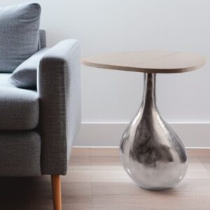 22" Silver And Beige Cast Aluminum And Marble Pedestal End Table